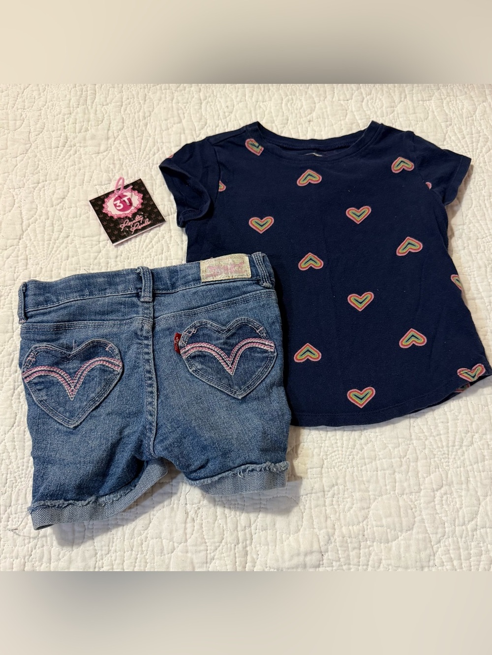 Navy Heart Tee & Denim Heart Pocket Shorts Set